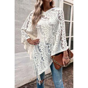 Joy & Kate White Fringe Trim Batwing Sleeve Cutout Knit Cape Sweater NWOT